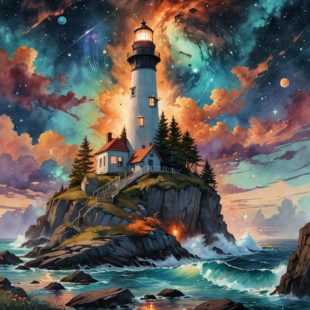 Island Lighthouse Amidst Colorful Cosmic Sky