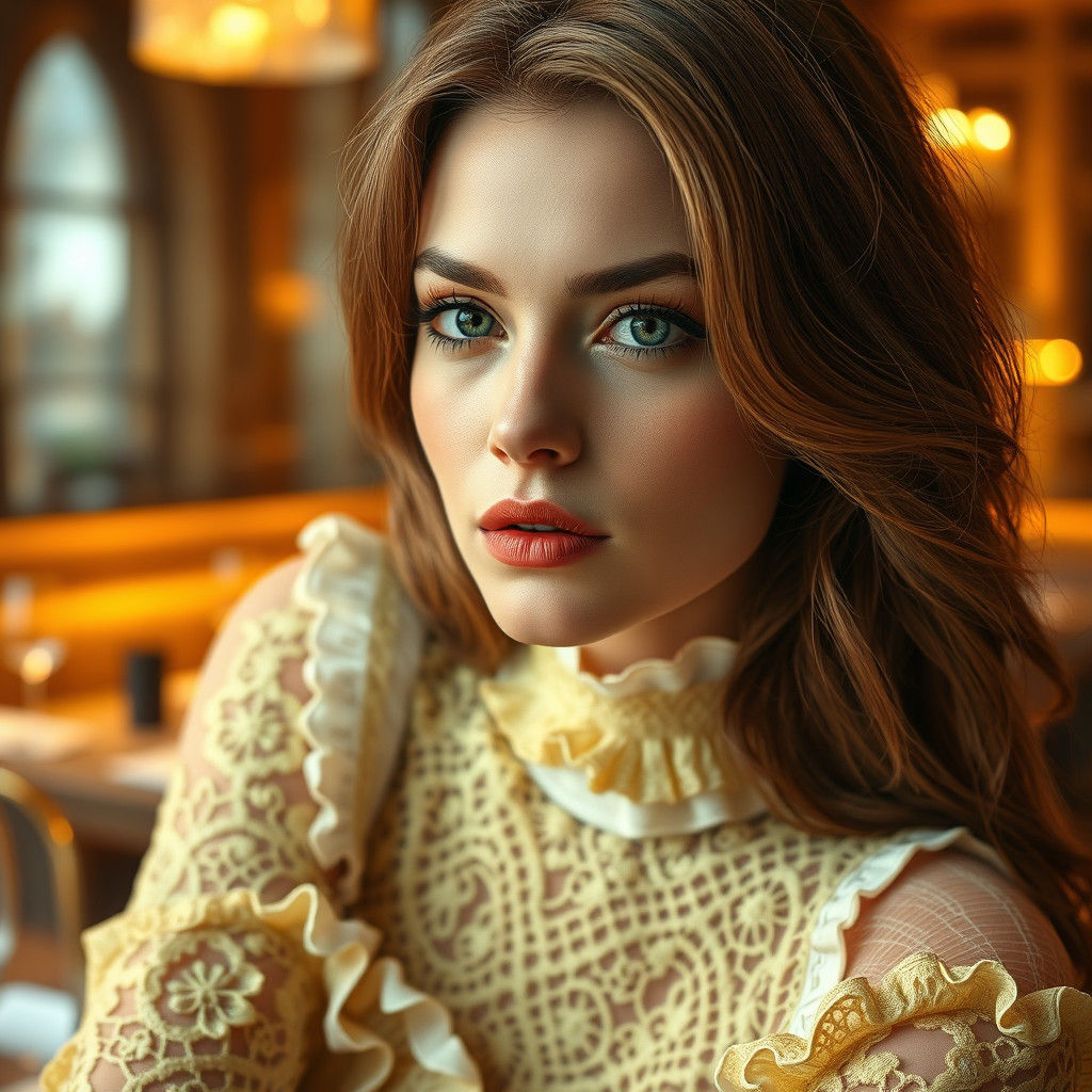 Woman in Yellow Lace Dress, Hyper-Realistic Fantasy Art