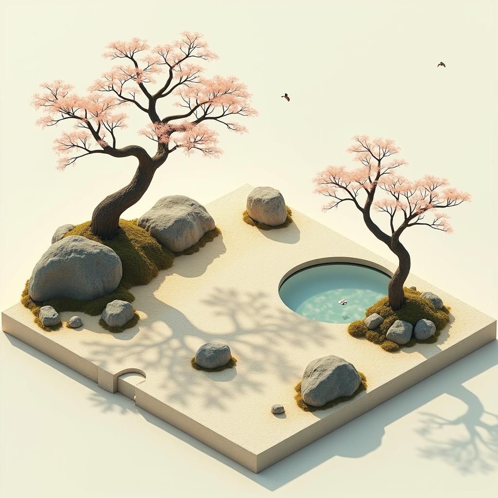 Isometric Zen Garden with Pond in Hyperrealistic Style