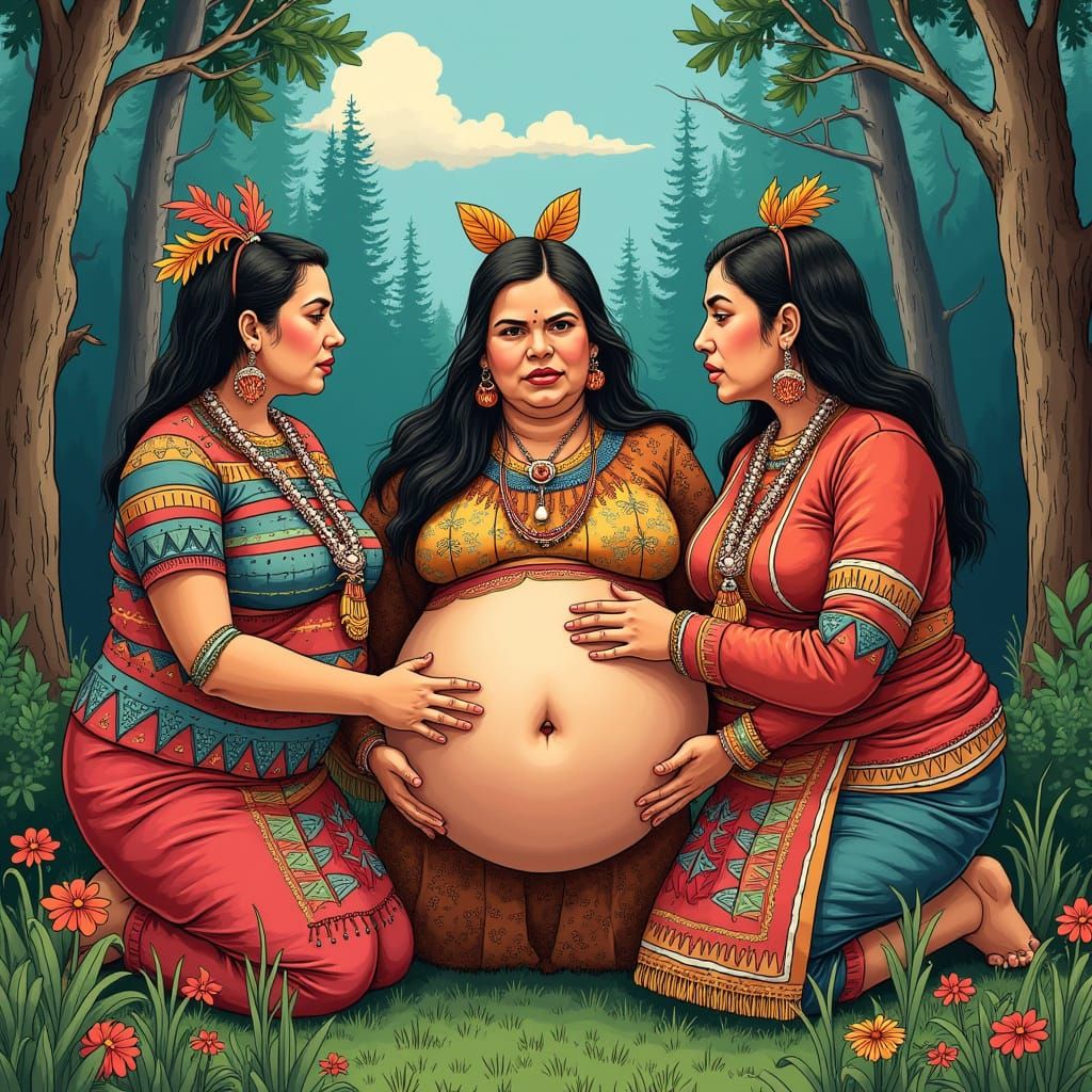 Cree Mothers Share Belly: Humorous Tapestry Cutout