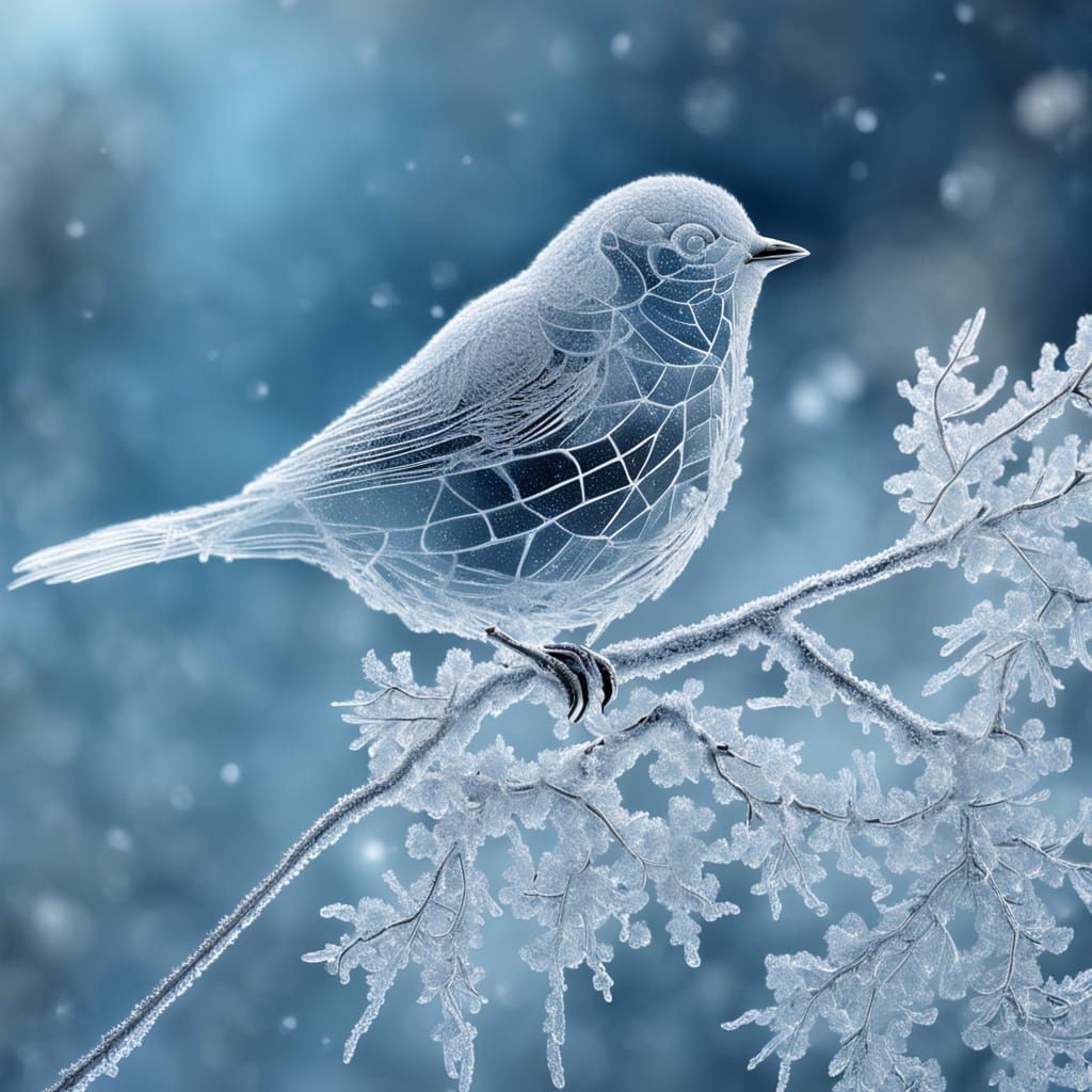 Icy Bird on Snowy Branch: Fractal Art
