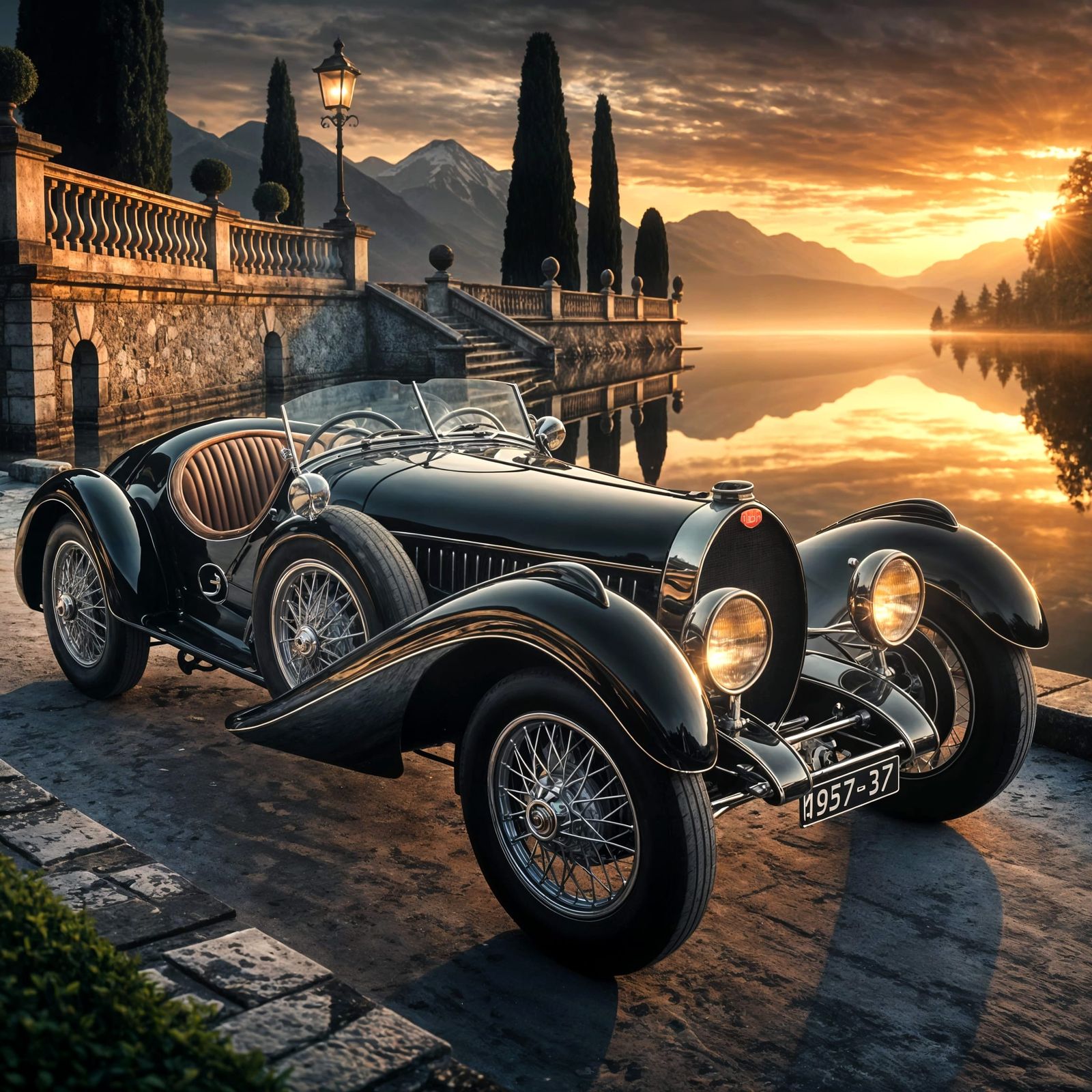 A side-profile view of a 1930s Bugatti Type 57 SC Atlantic, finished in deep obsidian black with mirror-like reflections...