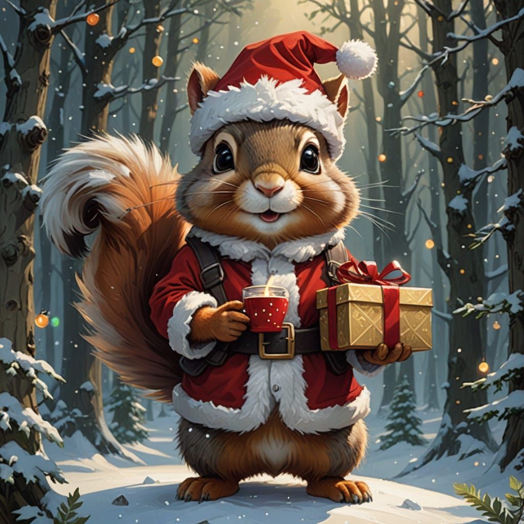Whimsical Christmas Squirrel in Festive Velvet Suit