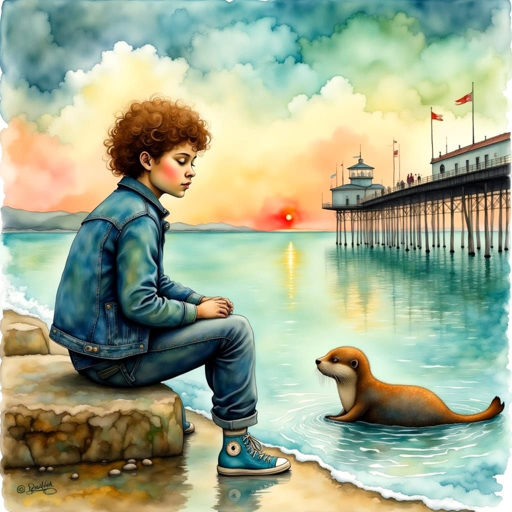 Curly Headed Boy Watches Serene Otter Family at Brighton Pie...
