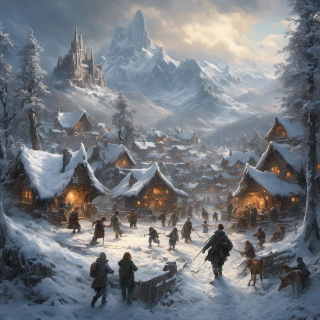 Hobbits Playing in Snow, Hyperrealistic Style