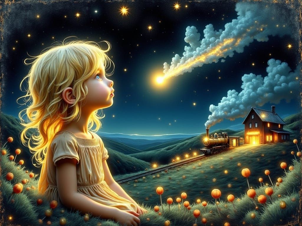 Dreamlike Steampunk Scene with Glowing Girl and Starry Night...