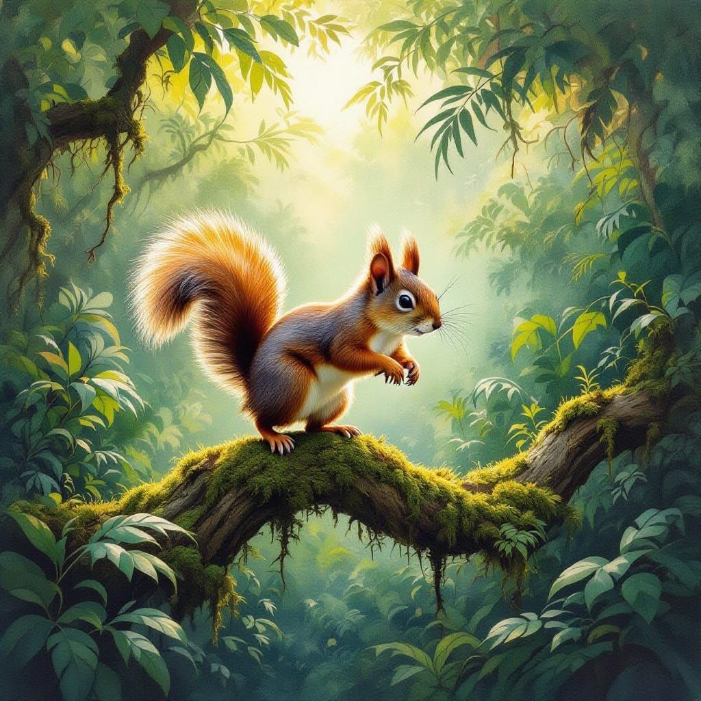 Surreal Jungle Squirrel Leaps in Whimsical Watercolor Style