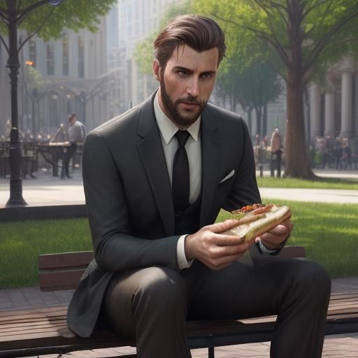 Handsome Man in Suit Eating Sandwich, Detailed Matte Paintin...