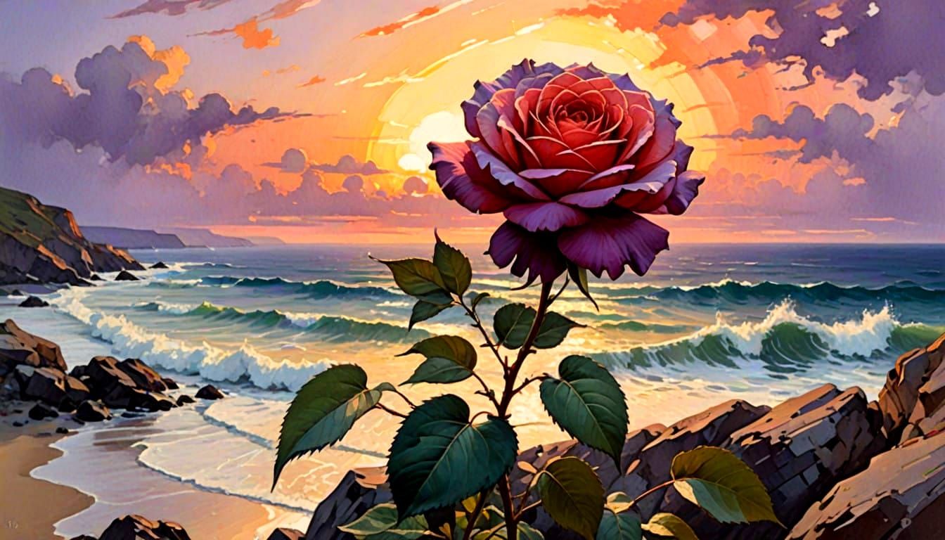 Majestic Impasto Rose Ascends Rocky Shore