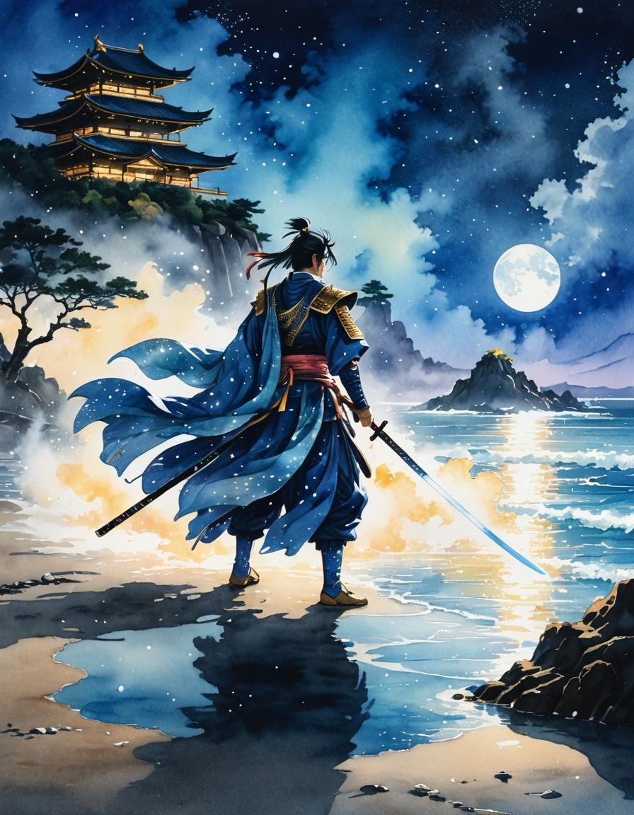 Ghostly Samurai Training: 80s Anime Watercolor Art