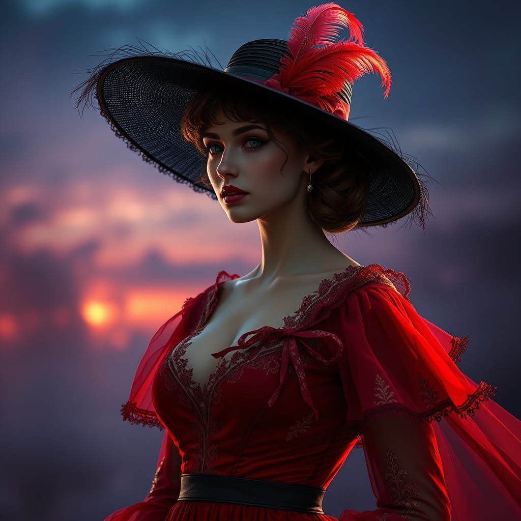 Ethereal Victorian Femme Fatale in Crimson Gown
