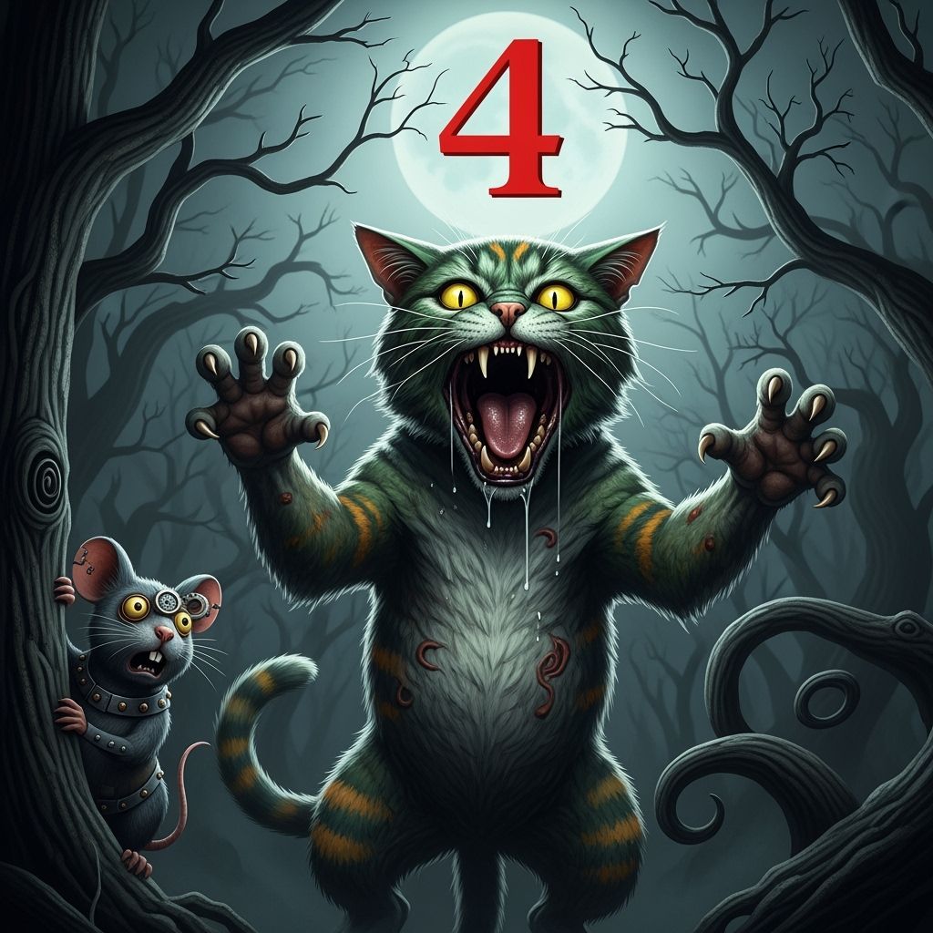 Horror Cat Monster in Dark Forest with Steampunk Mouse