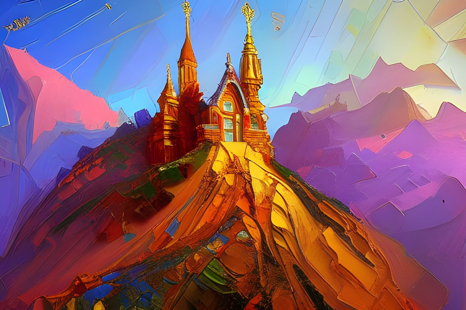 Gilded Mountain Chapel in Oil Painting Style