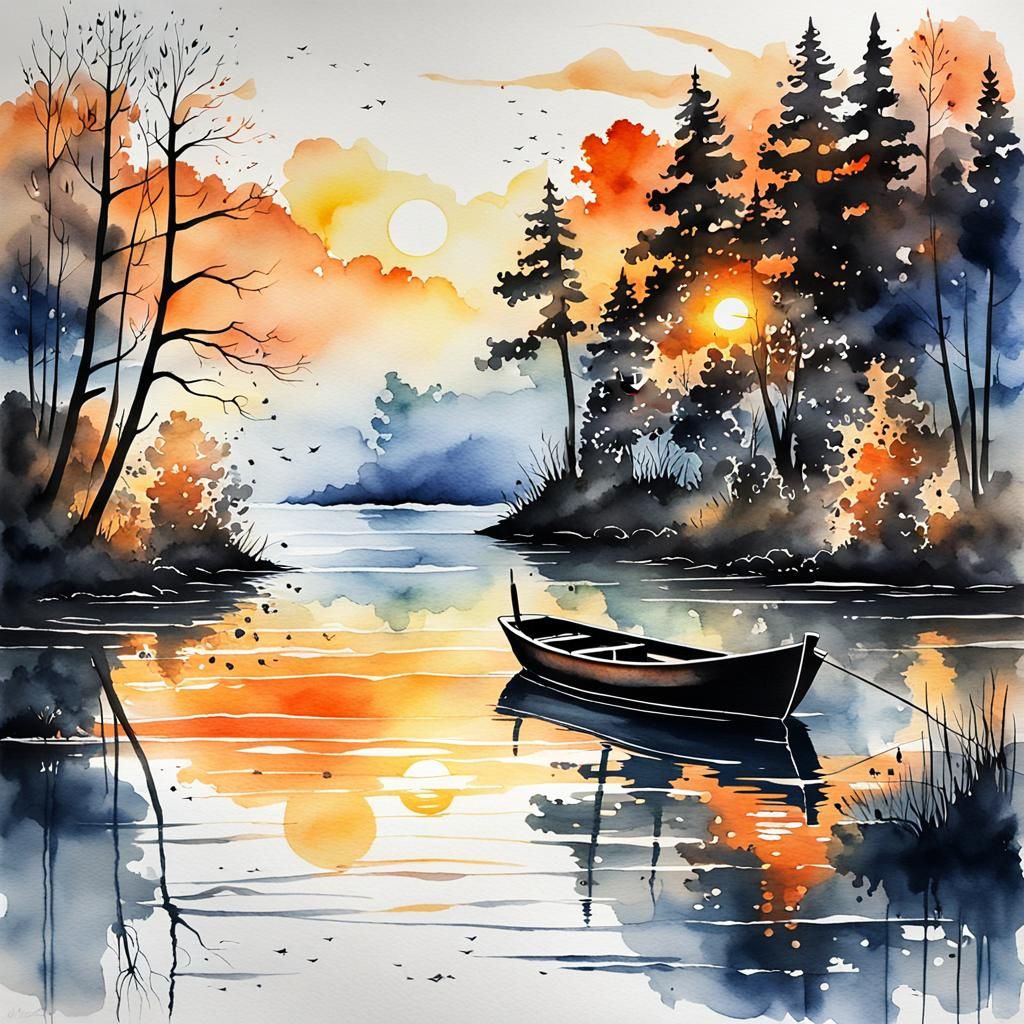 Vibrant Sunset Reflected on Lake, Watercolor Style