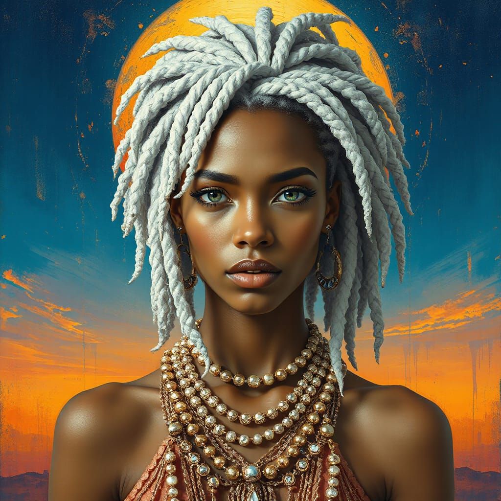 Majestic Sunset Goddess in Futuristic Art Deco Style