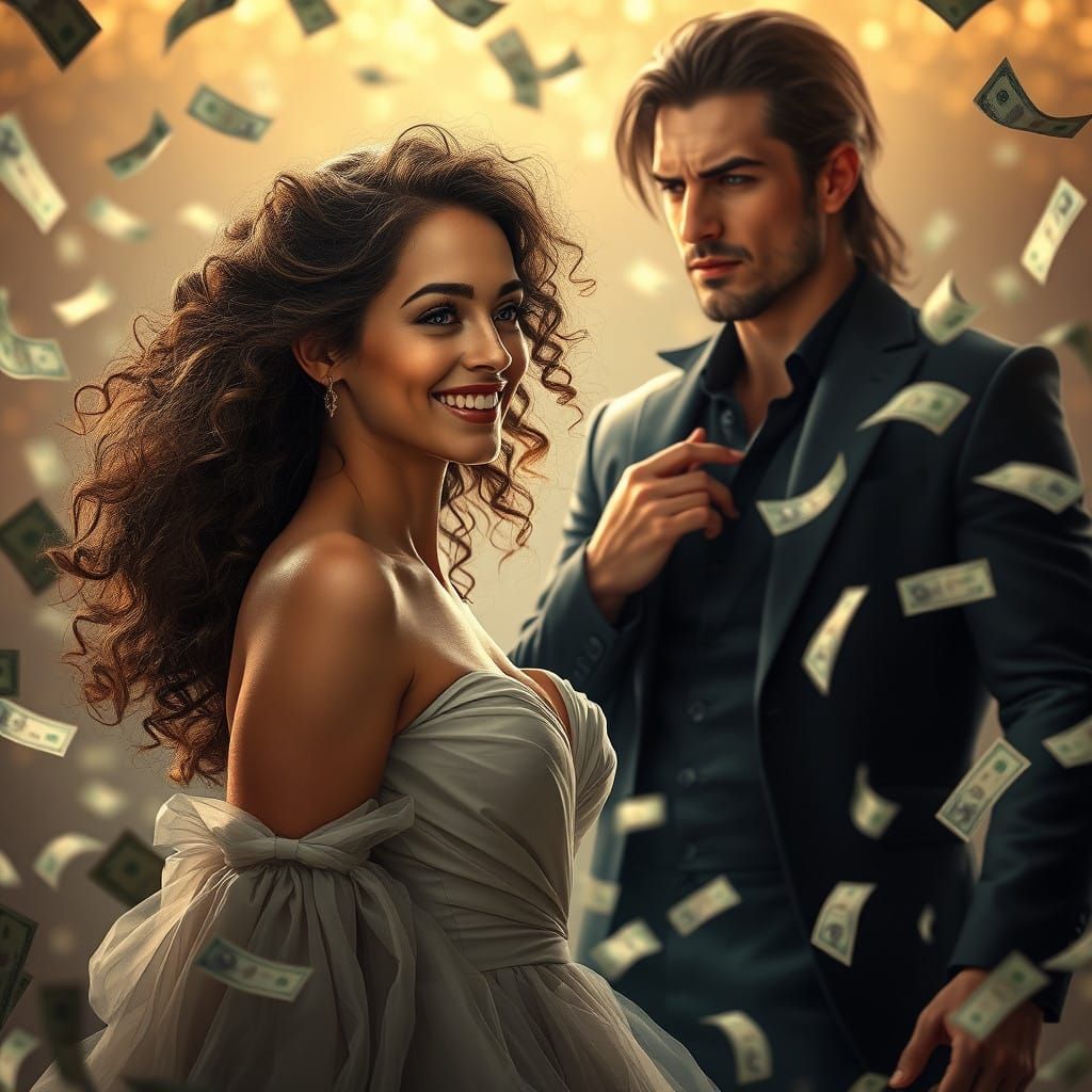 Elegant Woman Surrounded by Fortune in Whirlwind of Banknote...