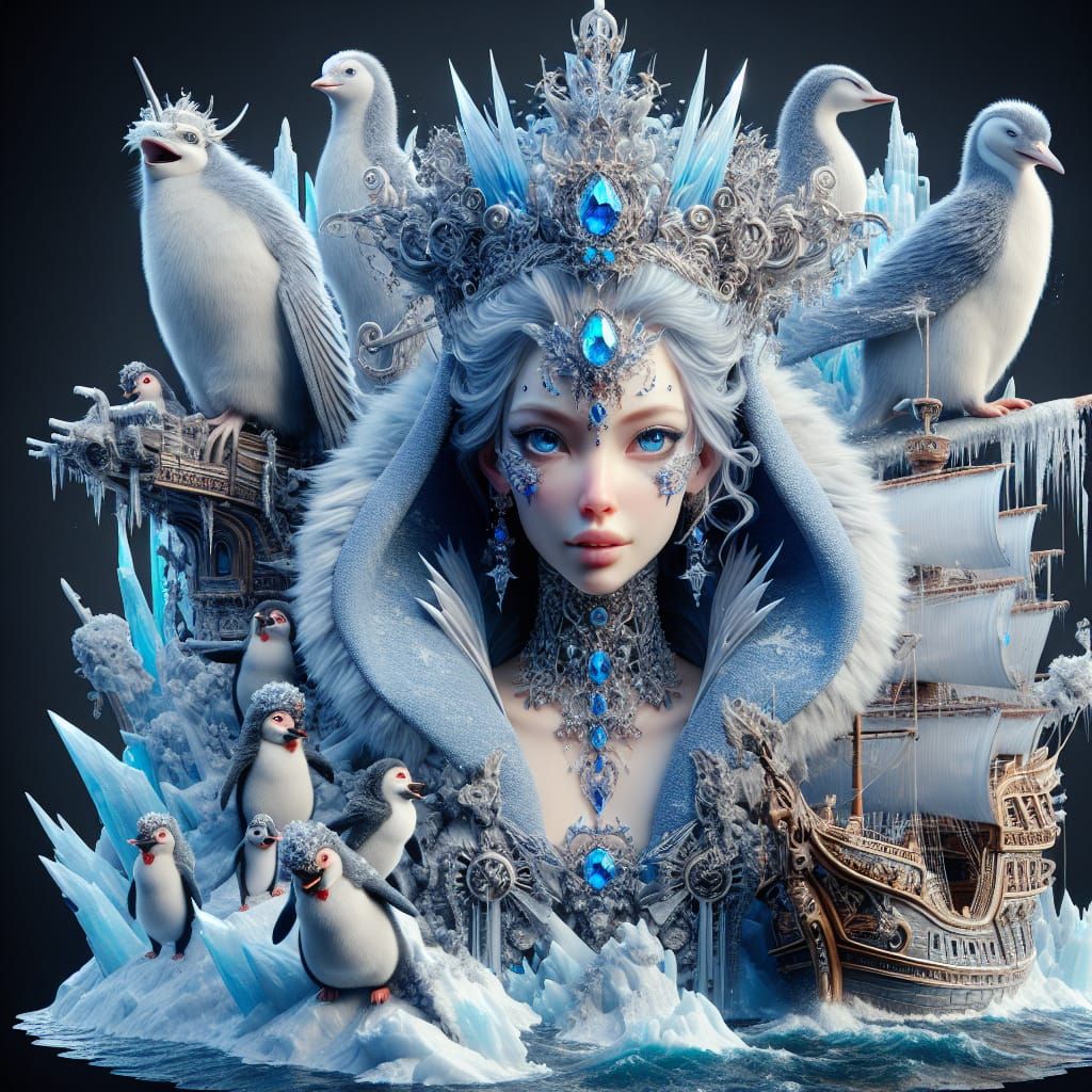 Ice Queen on Ice Ship with Penguins, Digital Art