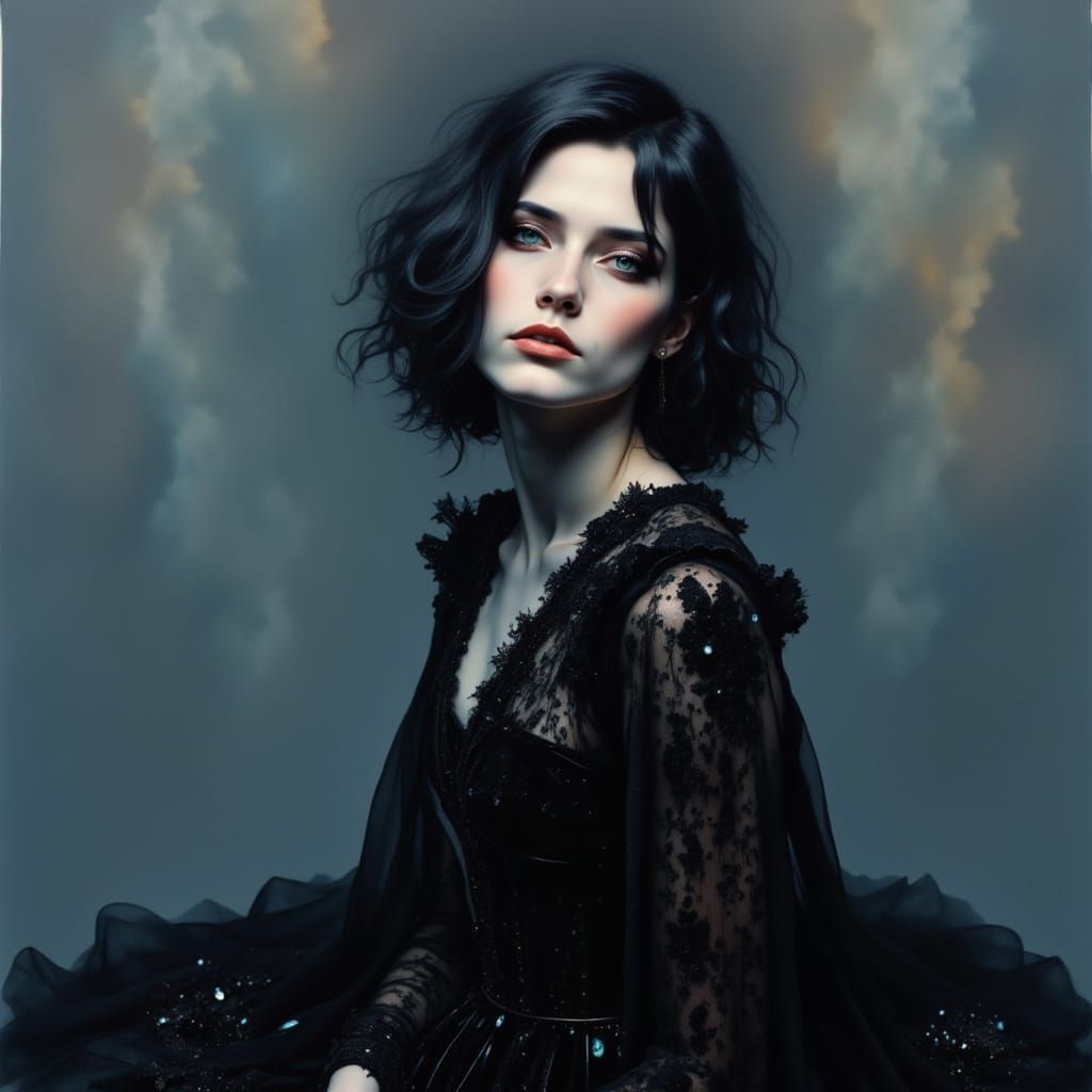 Elegant Woman in Velvet Dress with Intricate Lace