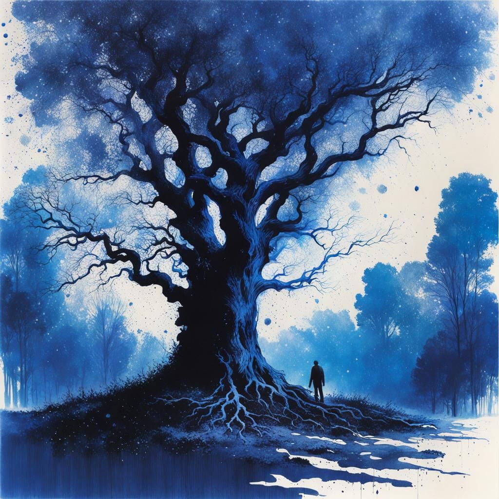 Blue Ink Drawing of a Tree in Splatter Style