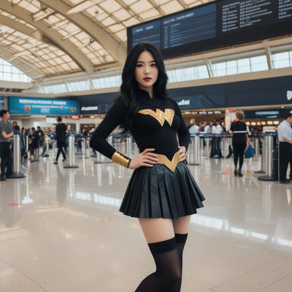 Chinese Wonder Woman Cosplay in Modern Airport