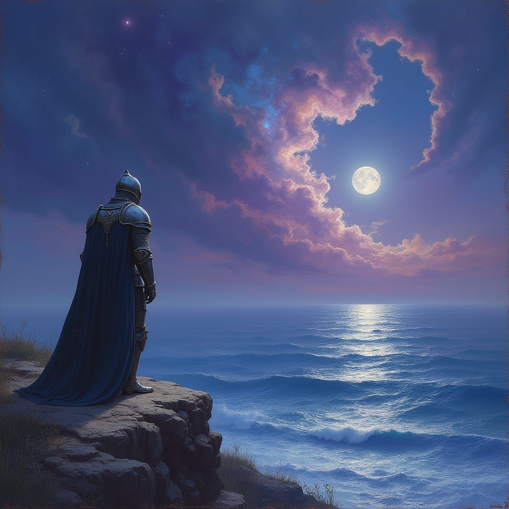 Knight on Cliff Overlooking Starry Ocean