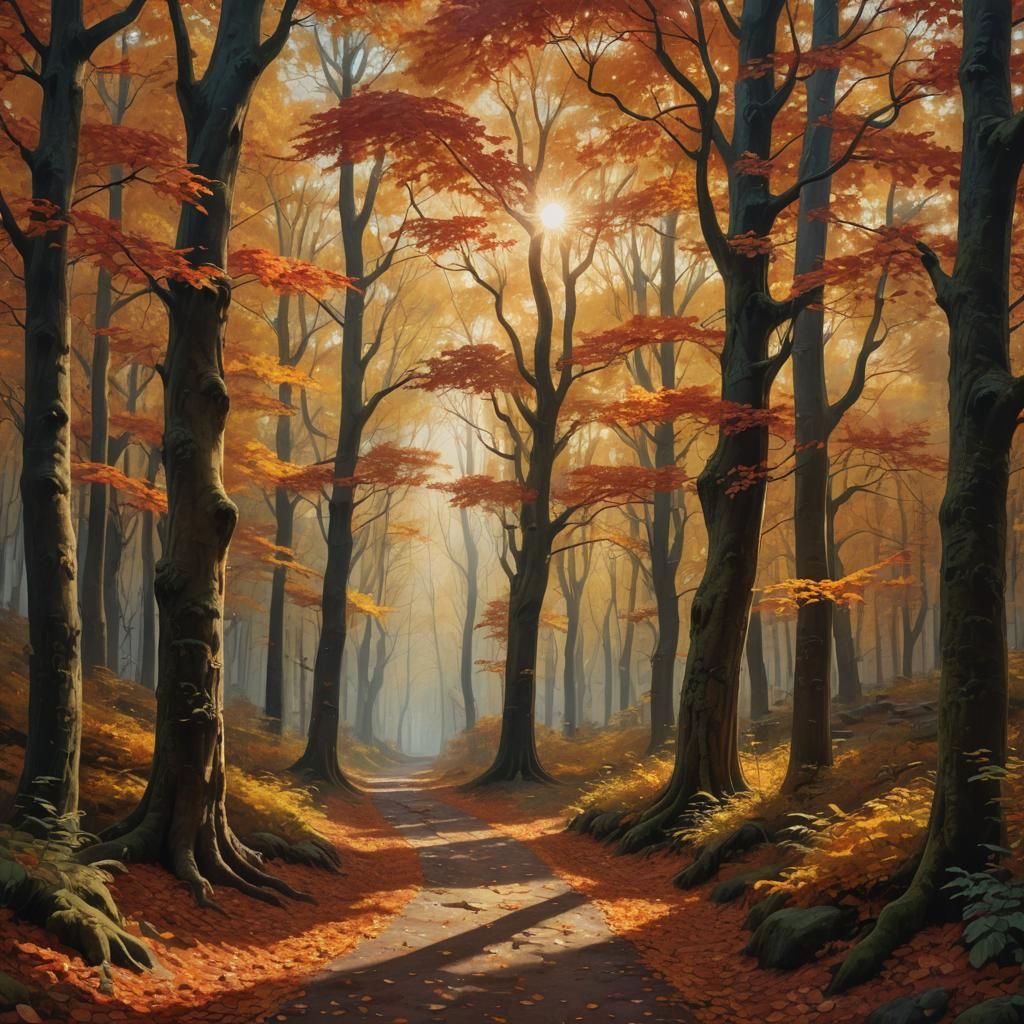 Breathtaking Autumn Forest Path in Golden Light