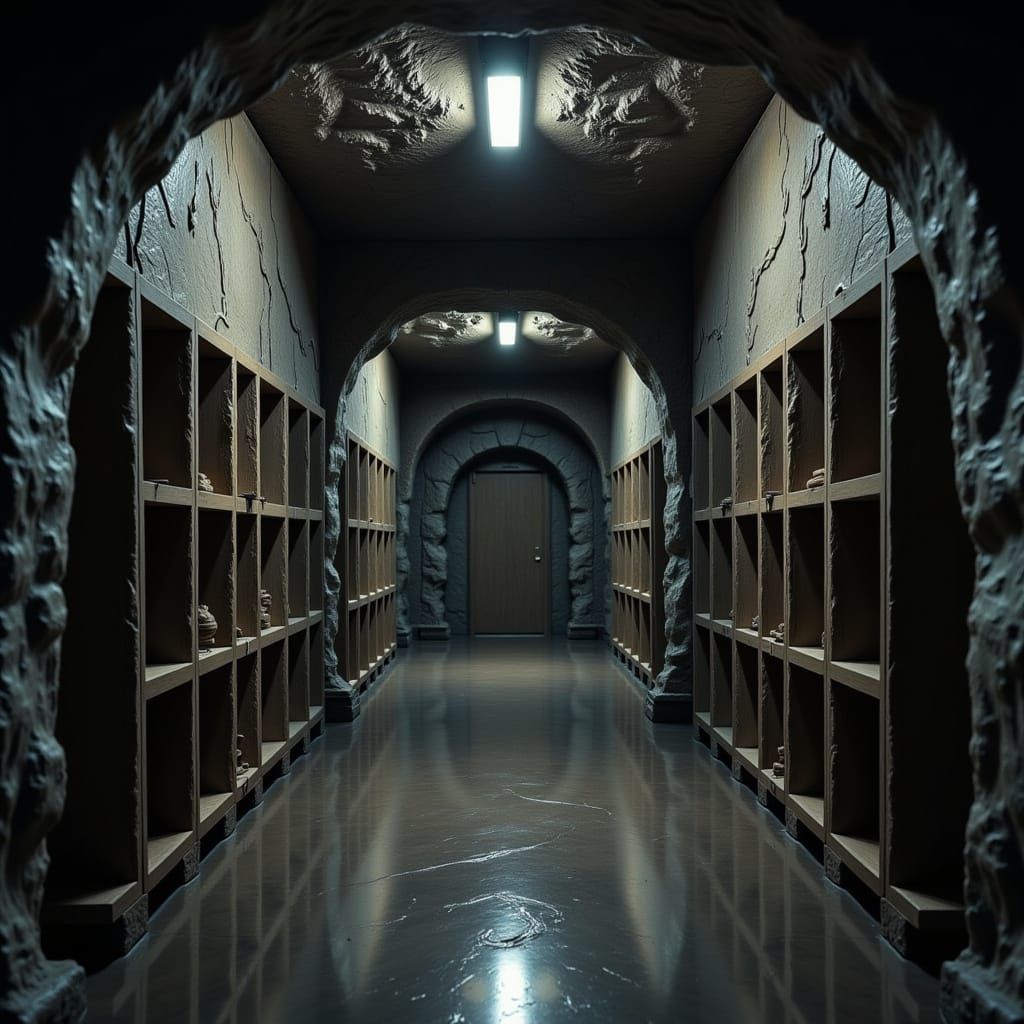 Surreal Mortuary Scene with Haunted Cubbies