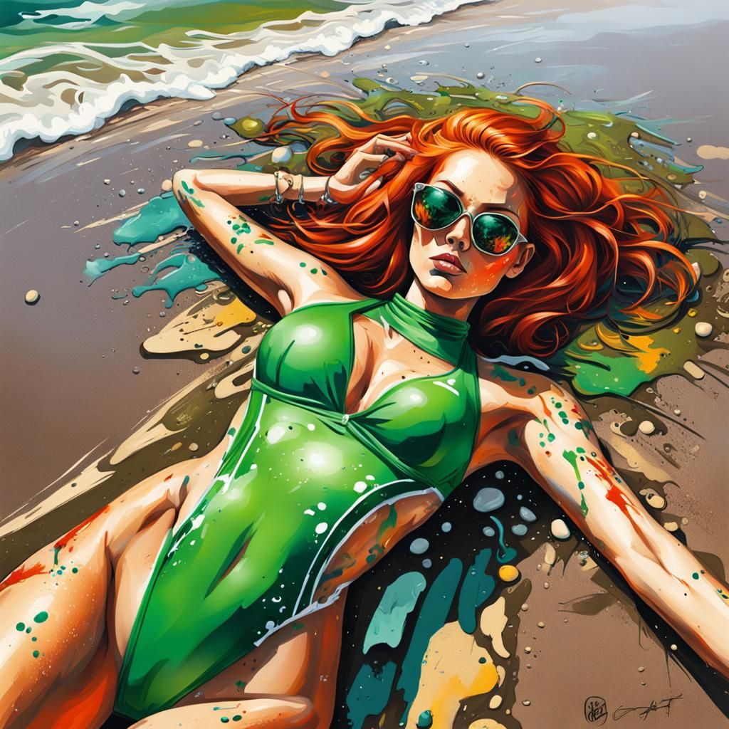 Redhead Girl on Beach in Graffiti Art Style