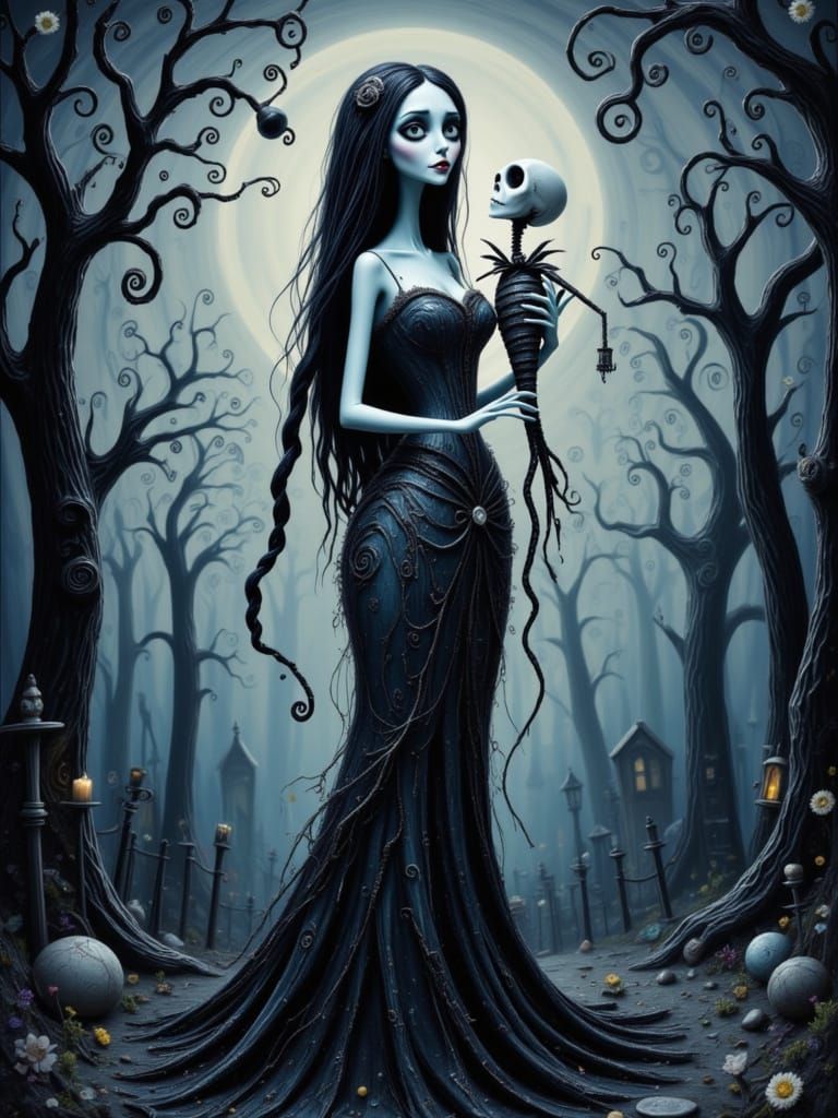 Gothic Woman with Skull in Burton-esque Landscape