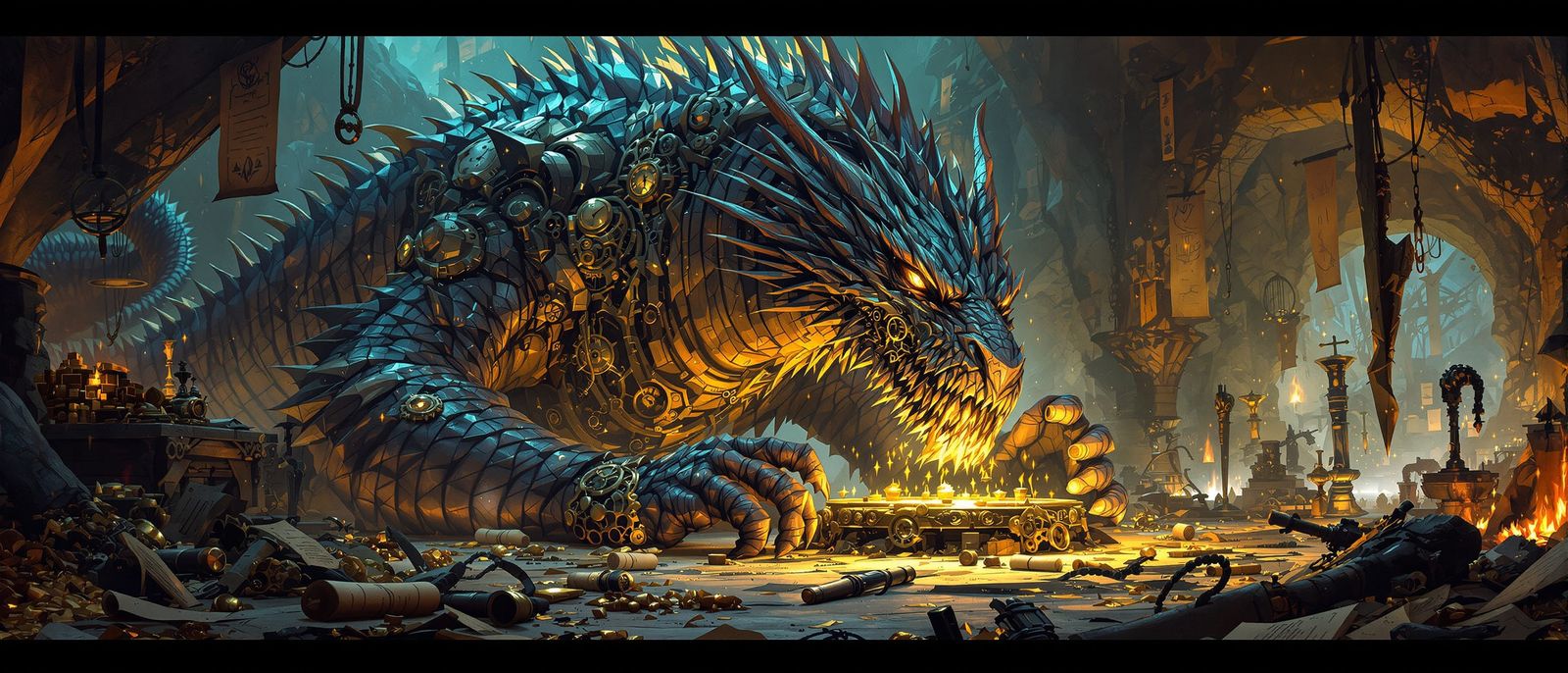 Ancient Dragon Crafts Clockwork Device in Fantasy Lair