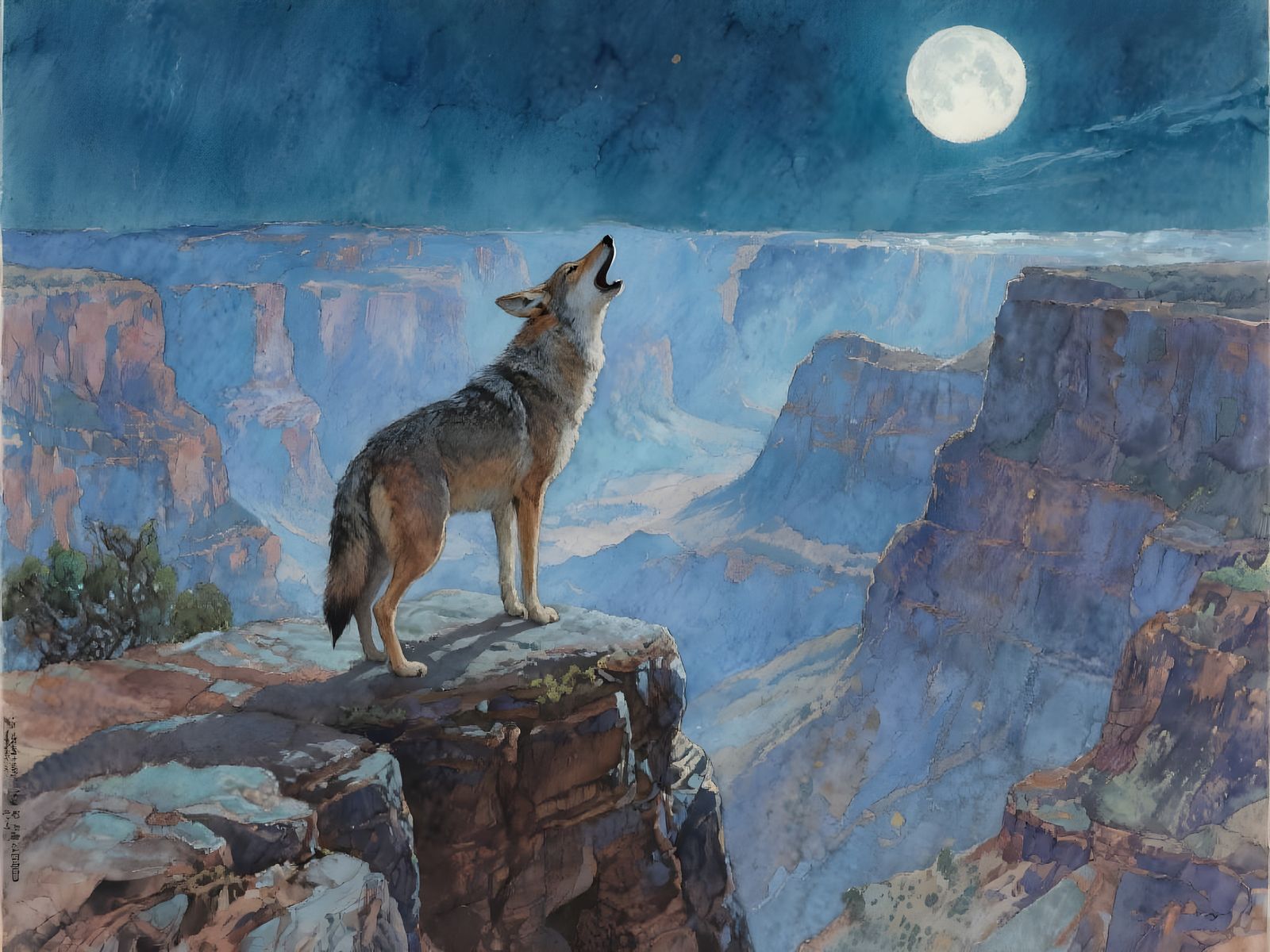 Coyote Howling at Moon: Gouache and Watercolor Painting
