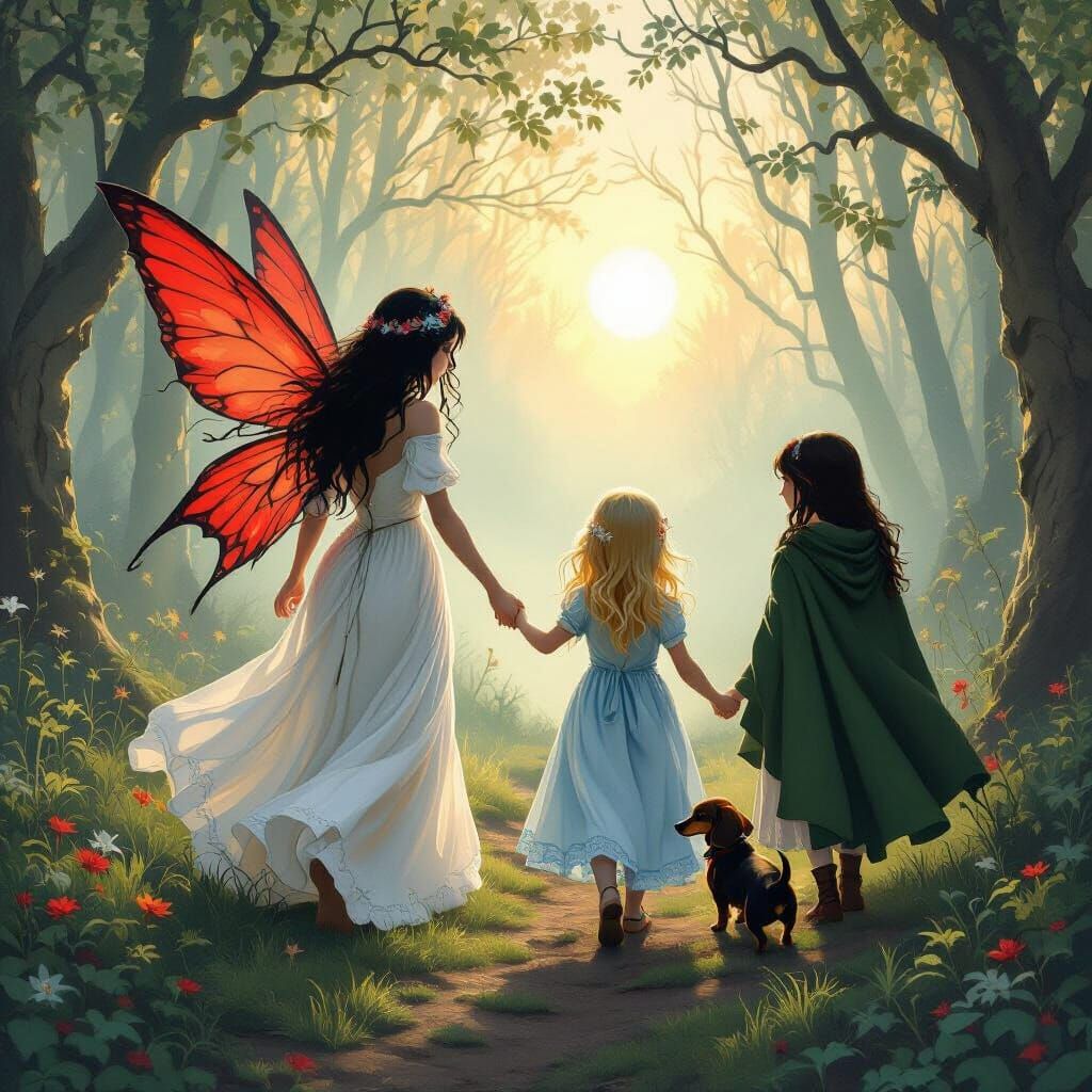 Enchanted Forest Fairy Guiding Girls at Dawn