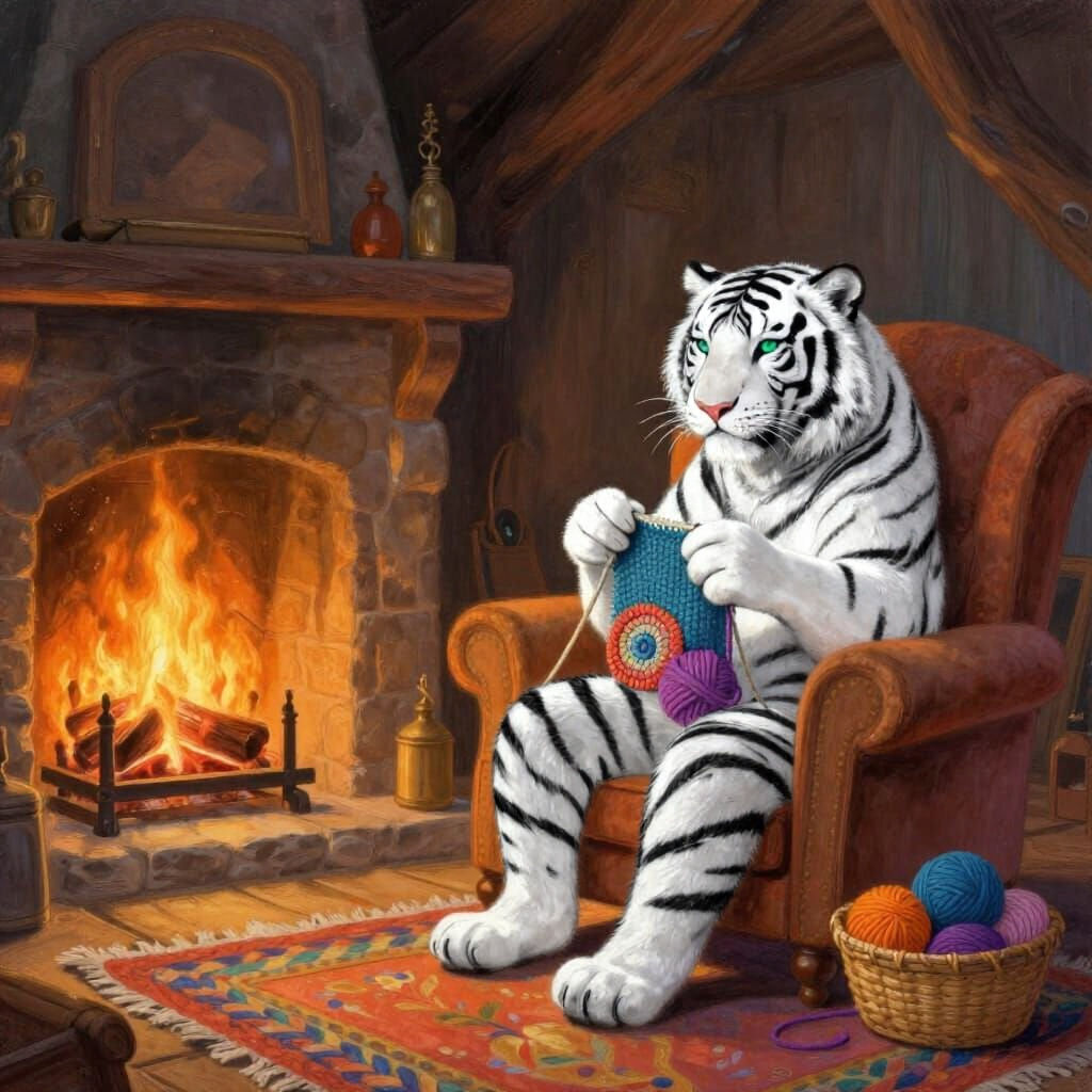 Mother Tiger Crocheting by Fireplace with Emerald Eyes