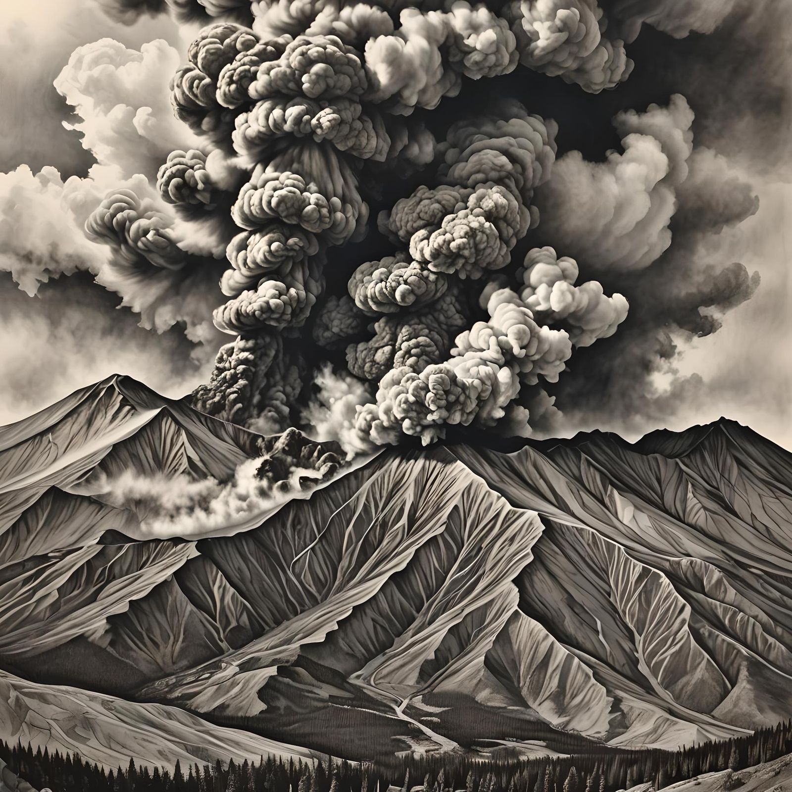 Detailed Charcoal Drawing of Mount Saint Helens Eruption