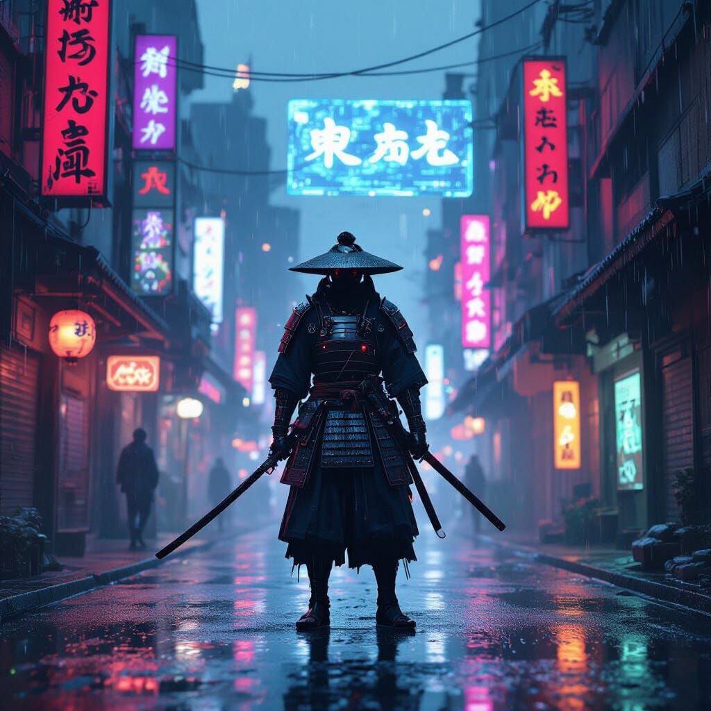 Cyberpunk Samurai: Neon Noir in Decaying Cityscape