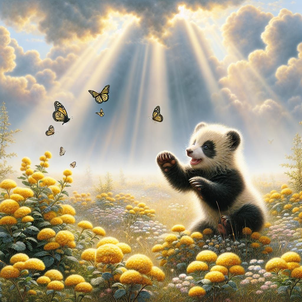 Panda Cub's Delight: Butterflies in Golden Meadow