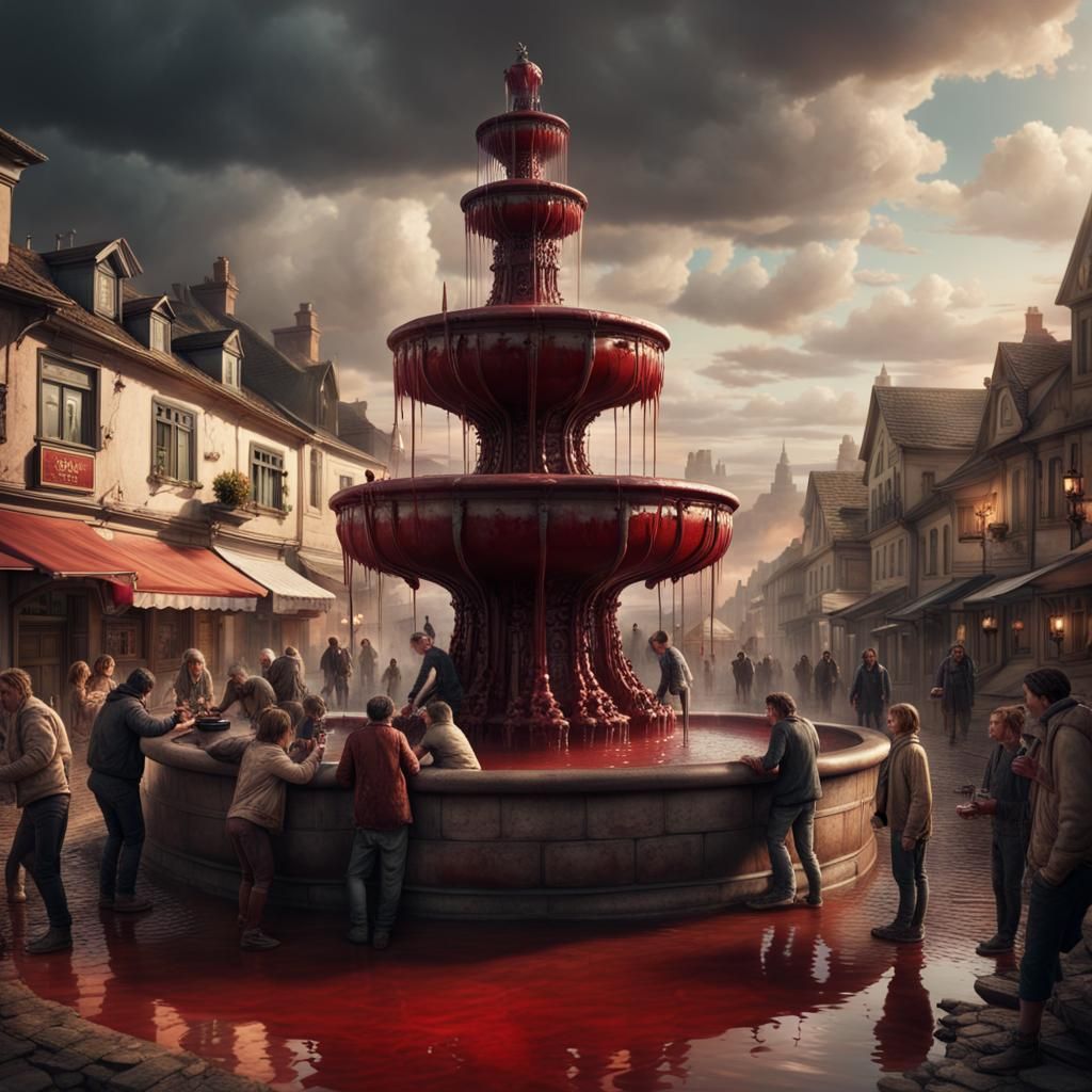 Town Blood Fountain: Epic Cinematic Digital Painting