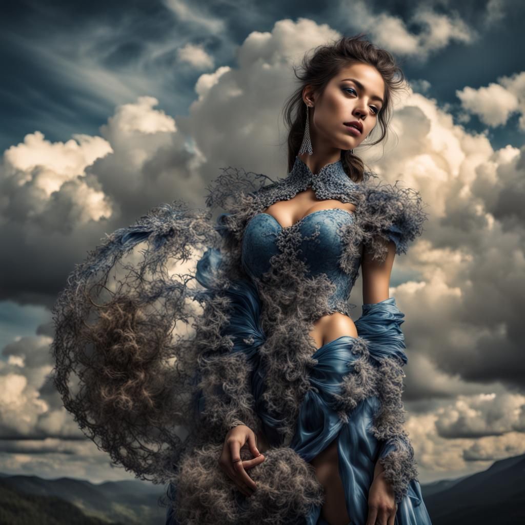 Beautiful Woman in Blue Cloudscape, Hyperrealistic