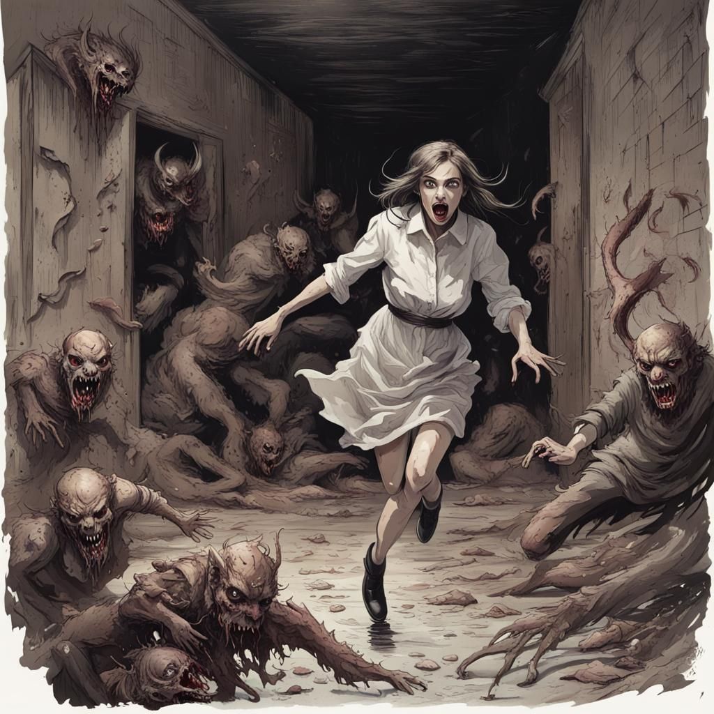 Hellish Demon Chasing Woman in the Depths of Hell