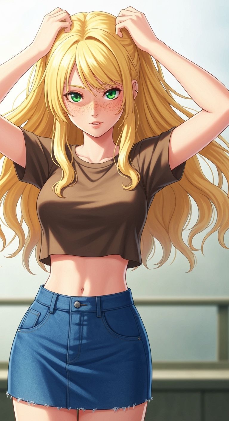 Blonde Woman with Freckles and Green Eyes in Anime Style