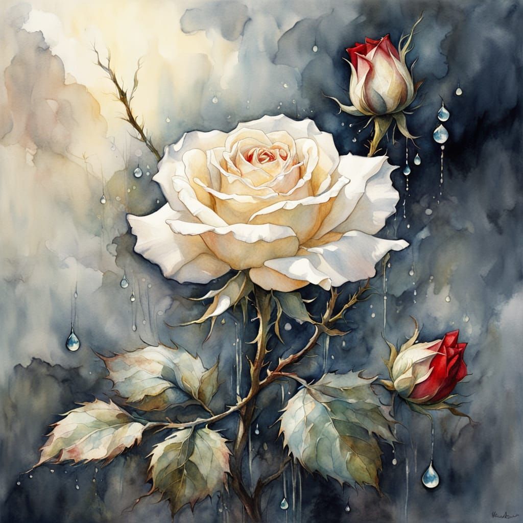 White Rose with Blood Drop, Thorns and Delicate Petals