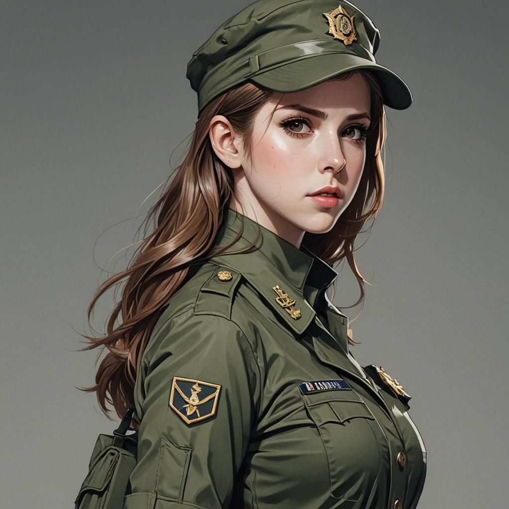 Anna Kendrick in a military uniform.