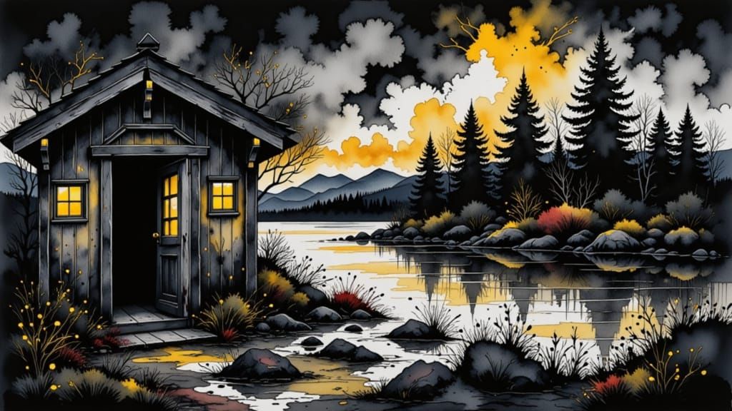 Dark Water Ink Shadows on a Scottish Cottage Door