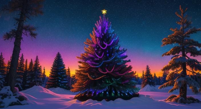 Colorful Bioluminescent Christmas Pine Tree Grove at Sunrise