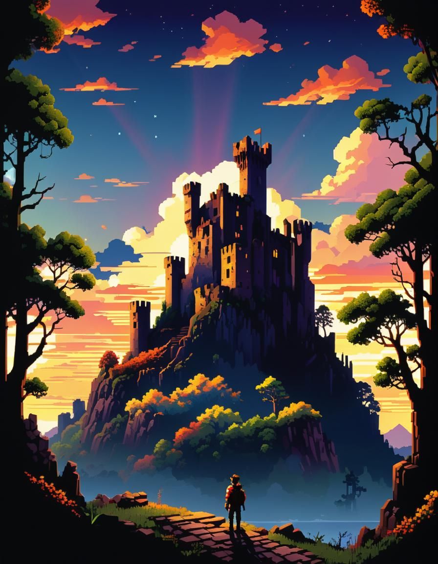 8-Bit Pixel Art Landscape at Sunset