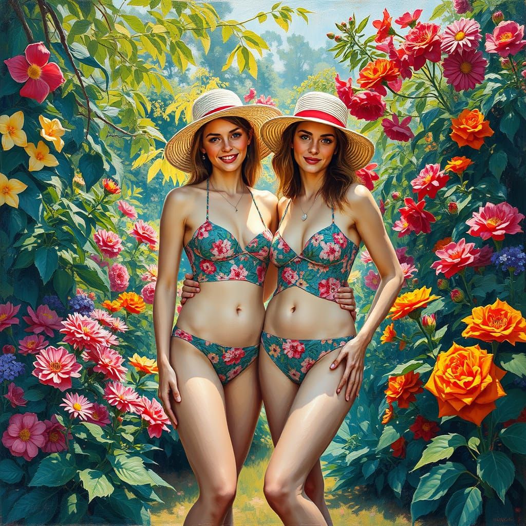 Women in Floral Bikinis: An Expressionist Garden Scene
