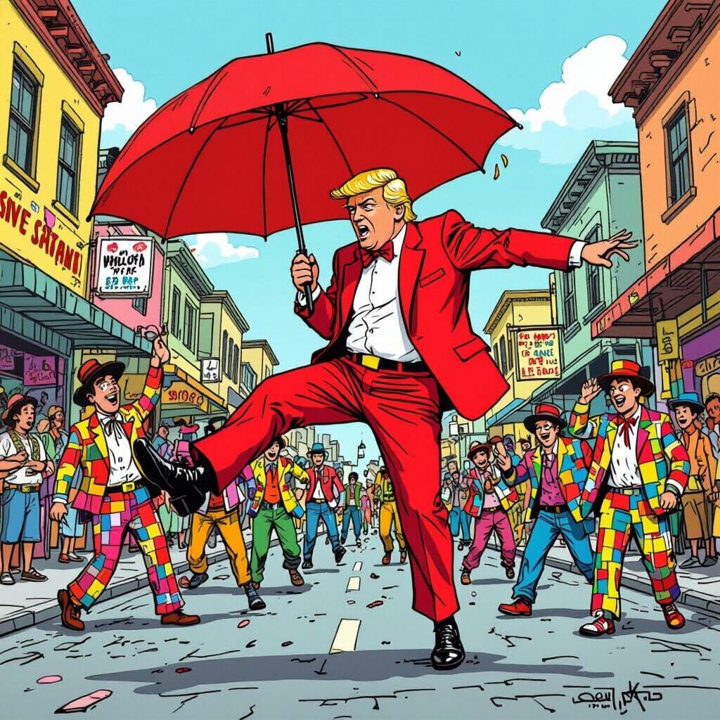 Cartoon Trump Kicking People in Colorful Clothing