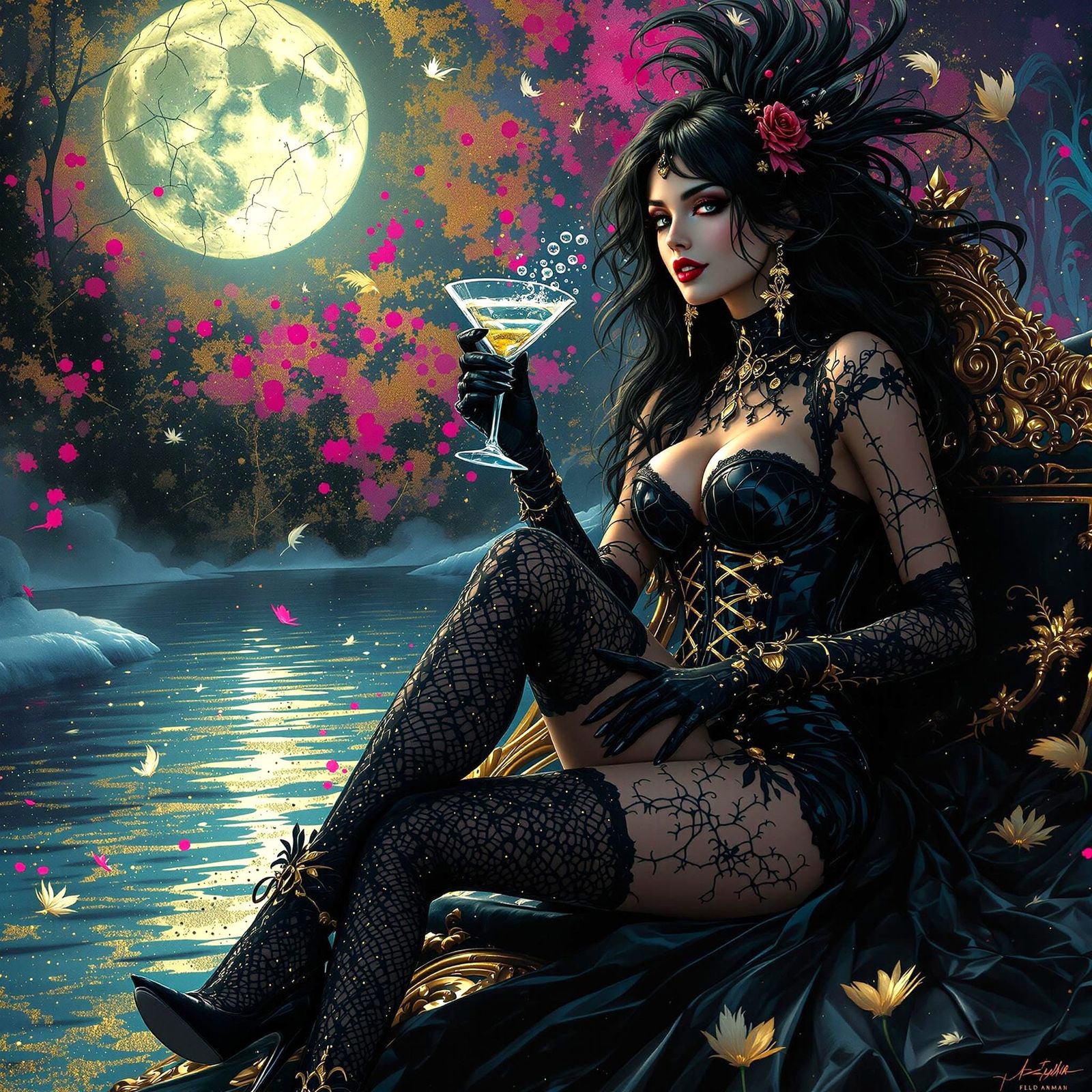Surreal Gothic Goddess Sips Enchanted Martini in Dreamlike L...