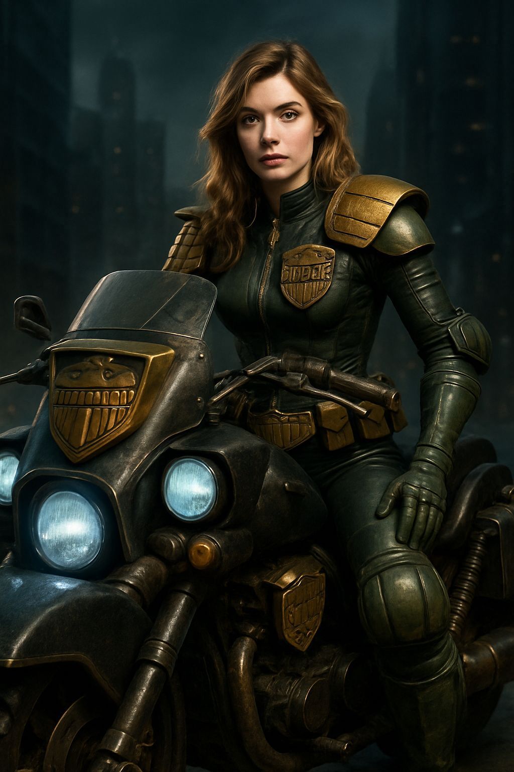 Judge Anderson on Lawmaster Motorcycle: Hyperrealistic Image