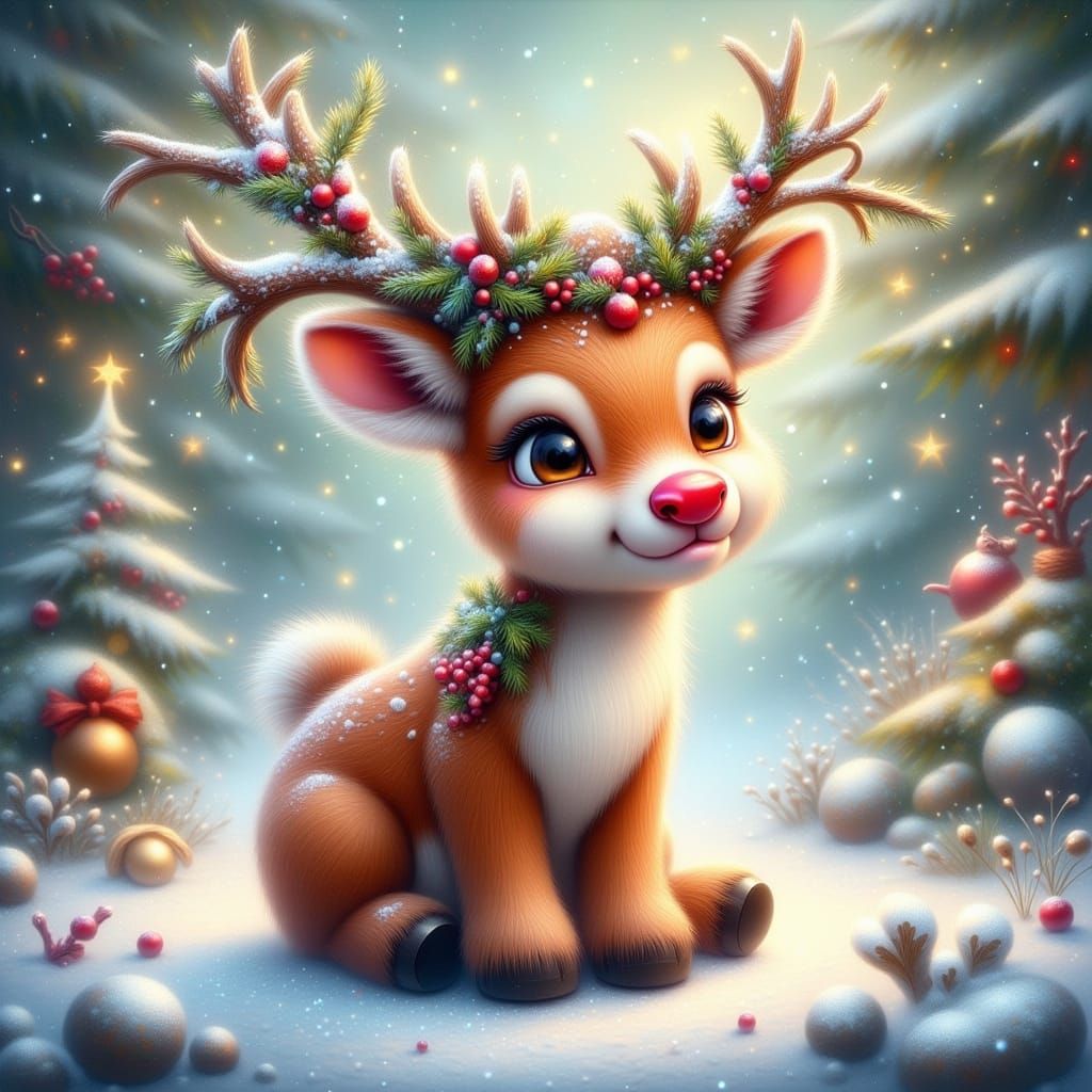 Cute Rudolph Fawn in Snowy Wonderland with Glowing Nose